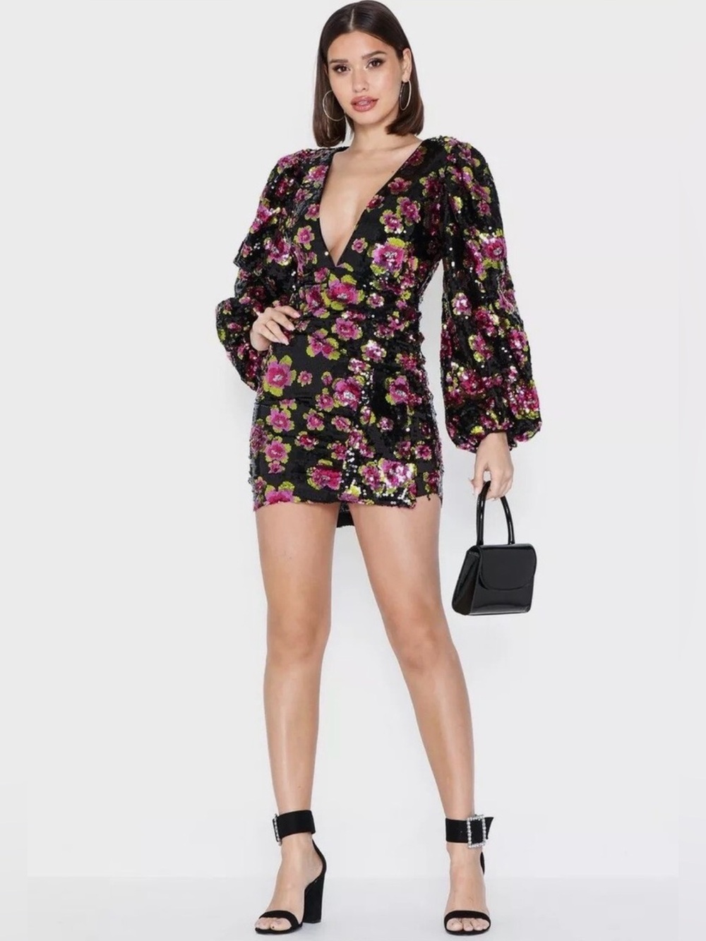 For Love & Lemons Morrison Mini Dress Black Pink Floral Sz‎ Small
